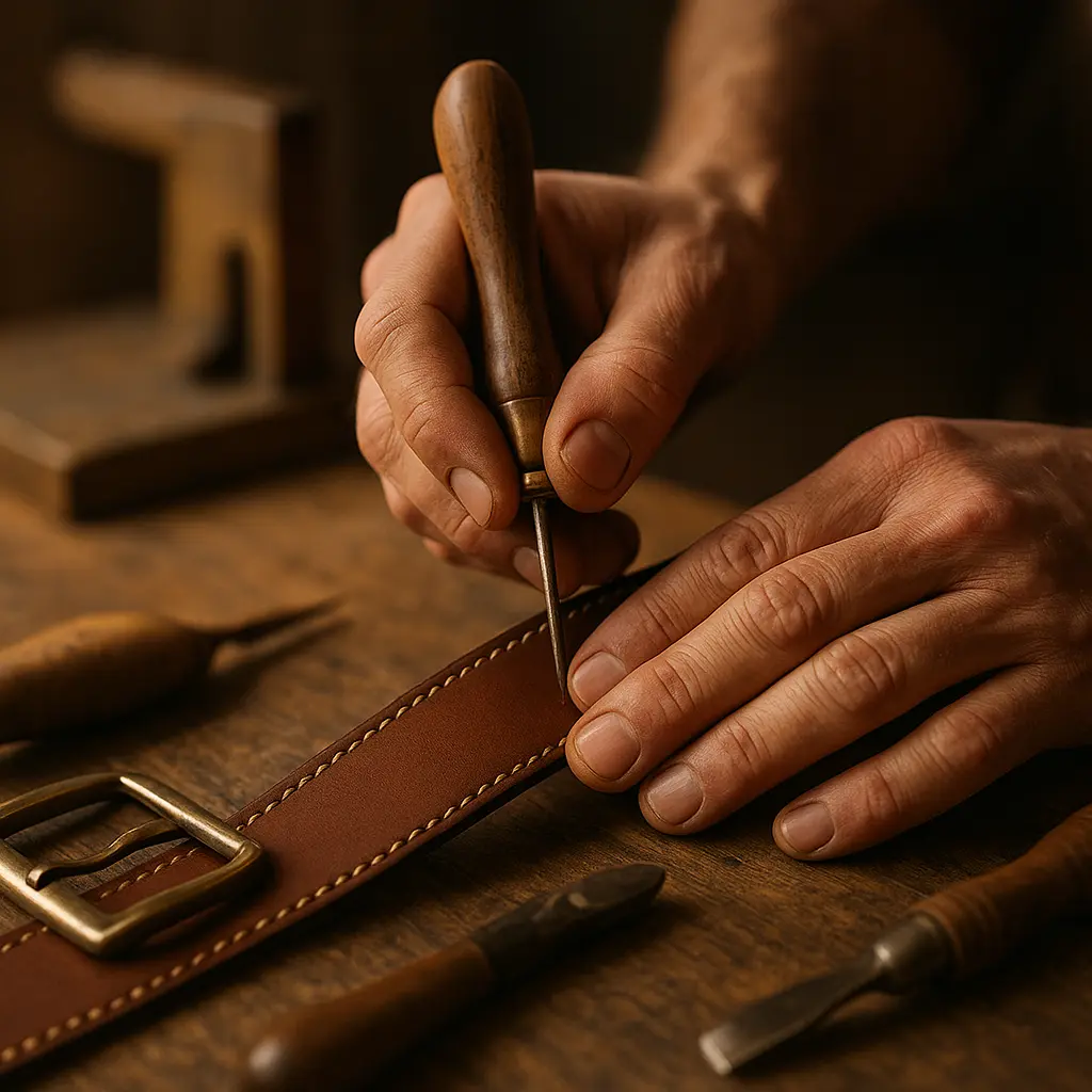 Handarbeit an einem Ledergürtel im Atelier