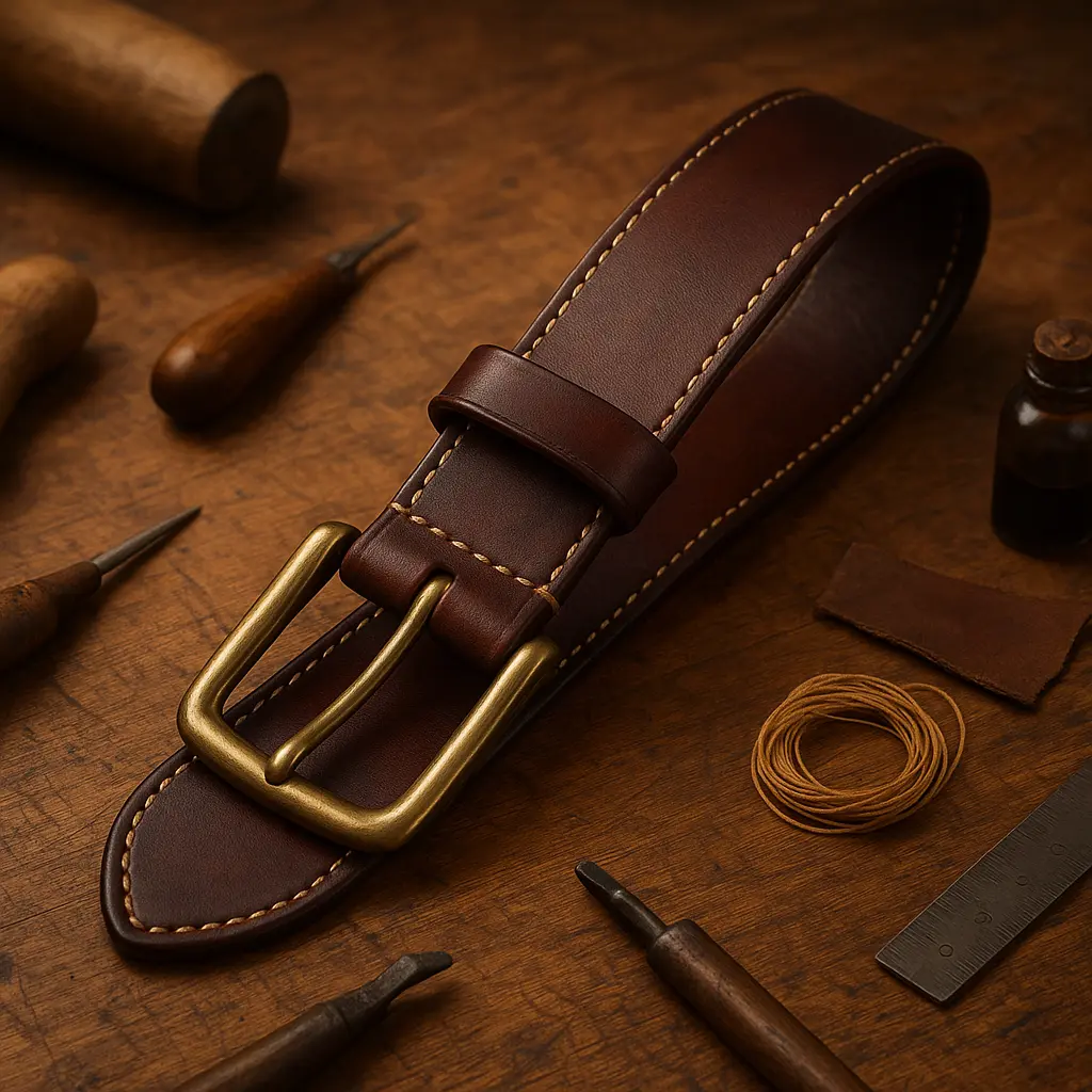 Handgemachter Ledergürtel auf Werkbank